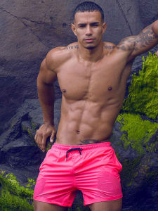 Uxh Men Beach Pants Summer New Casual Wet Slightly Transparent Quick-Drying Boys Shorts Pure Color Comfort Loose Internal Net