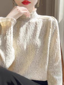 Chic Lace Trim Half High Neck Base Shirt Womens Ultra Stylish Knitwear Inner Wear Korean Style Loose Fit Long Sleeve Thermal