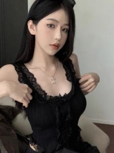 Áo Ba Lỗ Ren Dệt Kim Ngọt Ngào Mát Mẻ Ngắn Không Tay Màu Đen Thời Trang Mùa Hè Cho Nữ Áo Lót Bên Trong Áo Khoác Ngoài