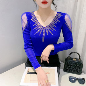 Yimei Áo khiêu vũ nữ mùa thu 2023 Áo thun lưới tay áo dài hở vai gợi cảm mới Kim cương đẹp lưng