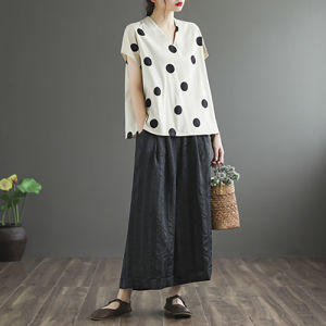 Loose Cotton Linen Checkered Short Sleeve V-Neck T-Shirt Women Summer Large Size Artistic Casual Versatile Loose Fit V-Neck Linen Top