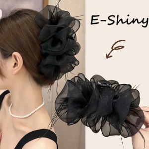 Elegant Hair Claw Pleated Organza Bubble Bow Black Feather Grip Shark Hair Clip Women Headwear Hair Accessories