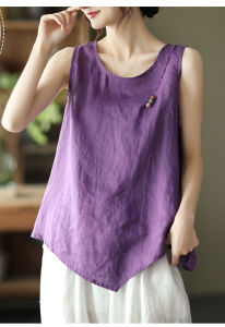 Summer Plus Size Color Wheel Button Linen Vest Womens Loose Artistic Shirt Outwear Bottoming Sling Basic Cotton and Linen Tops