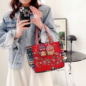 EHBqna กระเป๋าถือลายสัตว์สไตล์ชนเผ่ากระเป๋าถือผู้หญิงปักลายช้างนกฮูกกระเป๋าสะพายไหล่ผ้าใบ