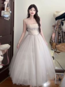 French Style Unique Beautiful Lace Fairy Dress High Waist Strapless Gown Elegant Slim Fit Urban Commute Suitable Autumn Wear