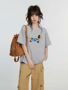 Áo Thun Cotton Tay Ngắn Dáng Rộng Màu Xám Mùa Hè Cho Nữ Áo Thun Dáng Rộng Tay Ngắn Cổ Tròn Họa Tiết Động Vật Dáng Rộng Tay Ngắn