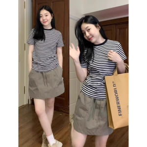 SHUQINGLAI | Retro Stripe Color Block Short Sleeve T-shirt for Women