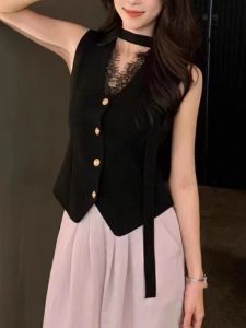 2024 New Arrival Best Selling Womens Spring and Autumn Cardigan Black with High Collar Fancy Vest Unique Super Nice Sleeveless Tops