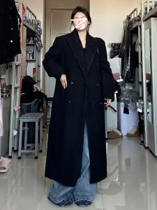 Black Suit Style Woolen Coat Women Spring Autumn New Korean Style Elegant High-End Long Loose Woolen Outerwear