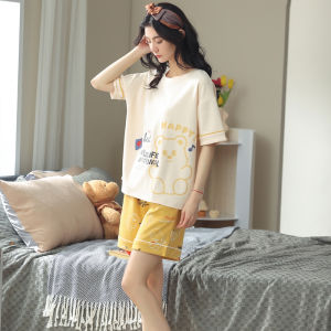 miiow | Pure Cotton Summer Thin Short Sleeve Womens Sleepwear Set Cute Cartoon Print Home Clothes MiiOW Brand Round Neck Pajamas