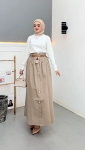 Skirt Maxi Katun Stretch Pinggang Karet dengan Ritsleting - Gaya Korea Terbaru
