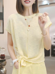 Shalldoer | Korean Style Yellow Side Tied Knitted Short Sleeve Womens T-Shirt Summer Loose Slimming Cool Feeling Casual Straight Tube Top