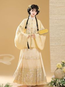 Ming Dynasty Style Womens Hanfu with Embroidered Stand Collar And Sleeves New Chinese National Style Horse Tailed Skirt