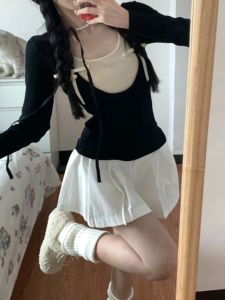 Color Block Fake Two-Piece Knit Top Slim Fit Ballet Style Butterfly Knot Base Layer Spring Autumn Korean Style Commute Fashion