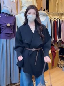 Black Mid-Length Collared Knit Cardigan Womens Autumn Winter Thick Lazy Style Sweater Coat Warmth Emitting Long Sleeve V-Neck