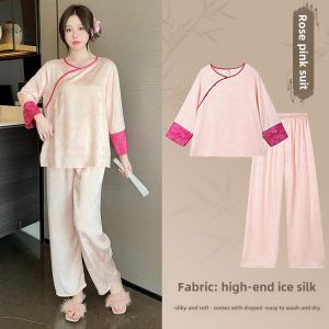 Red Chinese Style Floral Silk Sleepwear Womens Wedding New Home Long Pants Luxurious Home Clothes Set with Chest Pad