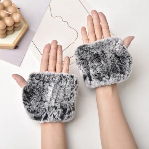 Women natural rex rabbit fur gloves Elastic knitted real rex rabbit fur mittens Winter girls wrist guards warm exposed fingers