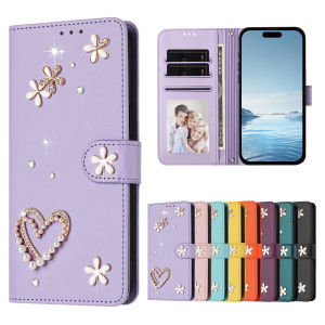 3D Bling Pearl Flower Rhinestone Heart PU Leather Flip Wallet Phone Case For iPhone 18 Pro Max 17 air 16 plus 15 14 13 Multi Card Slots Photo Holder Wrist Strap Kickstand Shockproof Protective Cover For Women Girls
