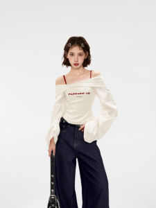 White Shoulder Bared Long Sleeve Shirt Womens Spring Autumn Short Slim Fit Waist Cinched Lantern Sleeve Top Design Sense