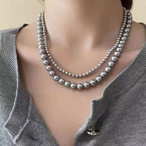 Shiji Truema Pearl Necklace Grey Silver Magnetic Clasp Luxury Minimalist Modern Style Sweater Chain Lightweight Elegant