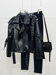 เสื้อแจ็คเก็ตหนังสไตล์ย้อนยุคอเมริกันสำหรับผู้ชาย ทรงสั้น เสื้อคลุมมอเตอร์ไซค์แบบมีซิป แขนยาว ผ้าไนลอนผสมโพลีเอสเตอร์