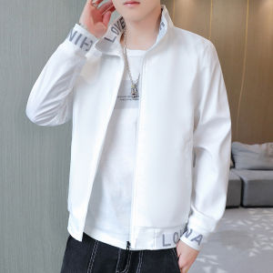 New 2025 Mens White Casual Jacket Stand Collar Spring Autumn Fashionable Korean Brand Trendy Mens Clothing Topwear
