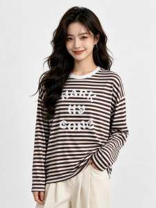 Áo Thun Nữ Sọc Giấy Tay Dài Co Giãn 4 Chiều Vải Mềm Mỏng Nhẹ Phối Cổ Hình In Chữ Freesize 35-65kg