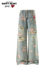 CHARLES JANGS HAPPY HEART | Trendy Print Ripped Denim Pants