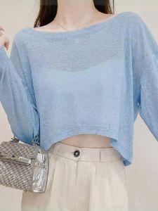 ฤดูร้อน Short Ice ผ้าไหม เสื้อยืด ตาข่าย เสื้อฐานบังแดดปกปิด เสื้อท่อนบน แขนยาวบาง เสื้อผ้าผู้หญิง ลำลอง หลวม คอกลมพอดี