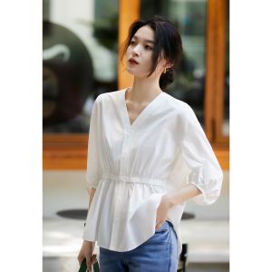 Elegant Simple Summer Workwear Shirt 3/4 Sleeves Waist-tightening UV Protection