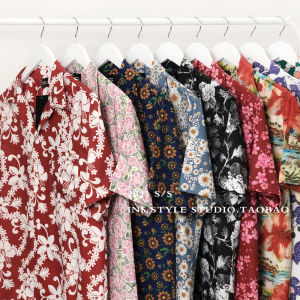Thai Style Vintage Floral Shirt Short Sleeve Hong Kong Style Beach Hawaiian Style Handsome Baggy Coat Men and Women