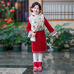 ชุดกี่เพ้าเด็กผู้หญิง ชุดกี่เพ้าฤดูหนาว สีแดง เด็กผู้หญิง ชุดเจ้าหญิง เด็กชาย เด็ก ชุดกี่เพ้าผ้าฝ้ายโพลีเอสเตอร์