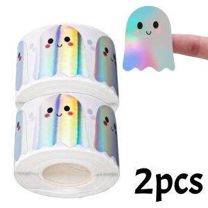 500pcs/Roll Halloween Laser Stickers Waterproof Self-Adhesive Boo Ghost Decals Roll for Envelope Journal Decor Party Supplies