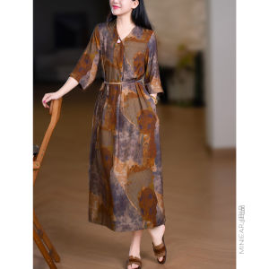 XIAOER | Art Printed Crease Resistant Silk V-Neck Belted Dress