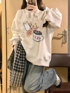 White Grey round Neck Capless Pure Cotton Sweatshirt Women Spring Autumn Loose Oversize Small Size Matching Hooded Top