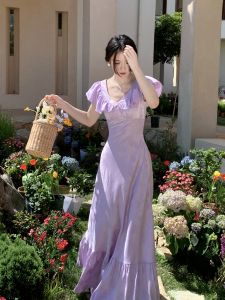 RoseFang Plum Wine Colored A-Line Dress with Lace Trim Slim Fit High Waist Long Skirt V-Neck Polyester Fiber Short Sleeve