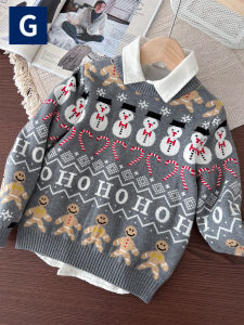 Gs Western Style Kids Christmas Snowman Jacquard Double Layer Sweater ~ Autumn and Winter Boys Pure Cotton Round Neck Knitwear
