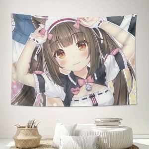 VIKAMA Anime Tai Mèo Người Giúp Việc Treo Tường Thảm Dễ Thương Vải Polyester Nghệ Thuật Canvas Poster Cho Phòng Ngủ Trang Trí Phòng Khách