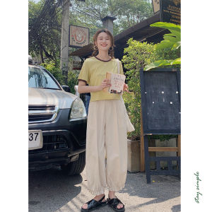 กางเกงลำลองผ้าฝ้ายลินินเอวสูงสำหรับผู้หญิง กางเกงขายาวทรงหลวม กางเกงขายาวทรงหลวม ขอบลูกไม้ สีน้ำตาล กางเกงขายาวทรงหลวม