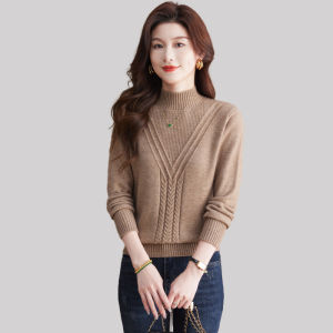 เสื้อสเวตเตอร์ถักนิตติ้งคอปกต่ำสีแดง ผ้าขนสัตว์ แขนยาว ทรงเข้ารูป ปกติ เสื้อชั้นในสำหรับฤดูใบไม้ร่วงและฤดูหนาว