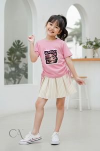 Setelan Kaos Serut Crop Top dan Rok Celana Rempel Salur Sedang Perempuan Huntrix Umur 1-14 tahun