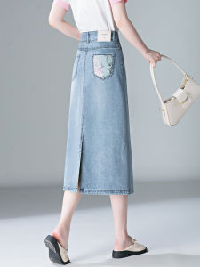 New Chinese Style Mid-Length A-Line Denim Skirt Womens Summer New Split High Waist Loose Fit Casual Solid Color Skirt