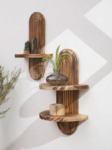 1/2-Tier Rustic Boho Wooden Wall Shelves - Charcoal Geometric Oval Wall-Mounted Shelves Plants Display Stand Home Decor Shelf