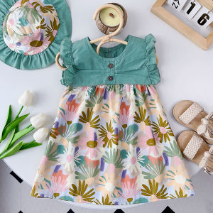 Gấu lãnh đạo bé Quần áo trẻ em bay tay Áo Vá Váy hoa nhiều màu in Đầm ngày lễ với mũ 2-7 năm