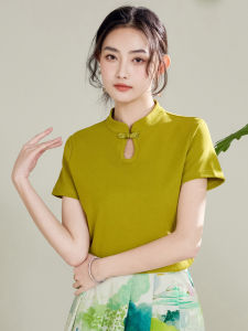 New Chinese Style Loose Fit Short Sleeve T-Shirt Womens Summer New Vintage Cheongsam Button up Top Cotton Polyester Blend