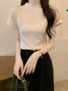 Slim Fit Ice Silk Knitted Short Sleeve T-Shirt Womens Summer New Style Versatile Half High Collar Body Shaping Regular Shoulder Top