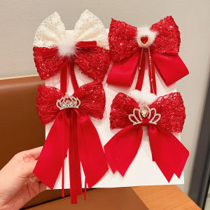Băng Đô Thắt Nút Bướm Màu Đỏ Cho Bé Gái Phụ Kiện Tóc Công Chúa Dễ Thương Bộ Đồ Trẻ Em Mùa Đông 2024 Phụ Kiện Tóc Cho Bé Gái