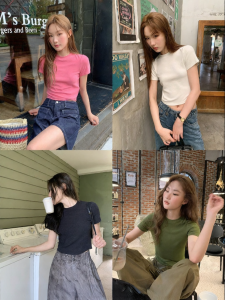 NIHAOKANONG | Áo Thun Cổ Tròn Vai Thẳng Màu Đơn Ôm Sát
