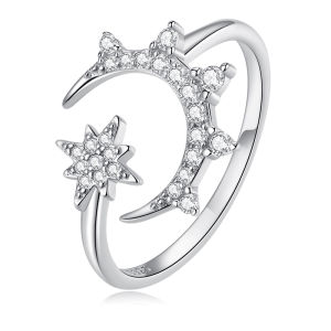 BAMOER 925 Sterling Silver Star and Moon Adjustable Ring Pave Setting CZ Open Ring for Women Anniversary Gift BSR300