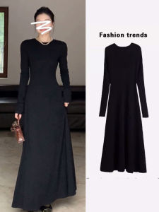 French Hepburn Style Black Dress Long Sleeves Dress Womens Spring & Fall Fancy Belly Covering A- line Long Skirt Bottoming Skirt